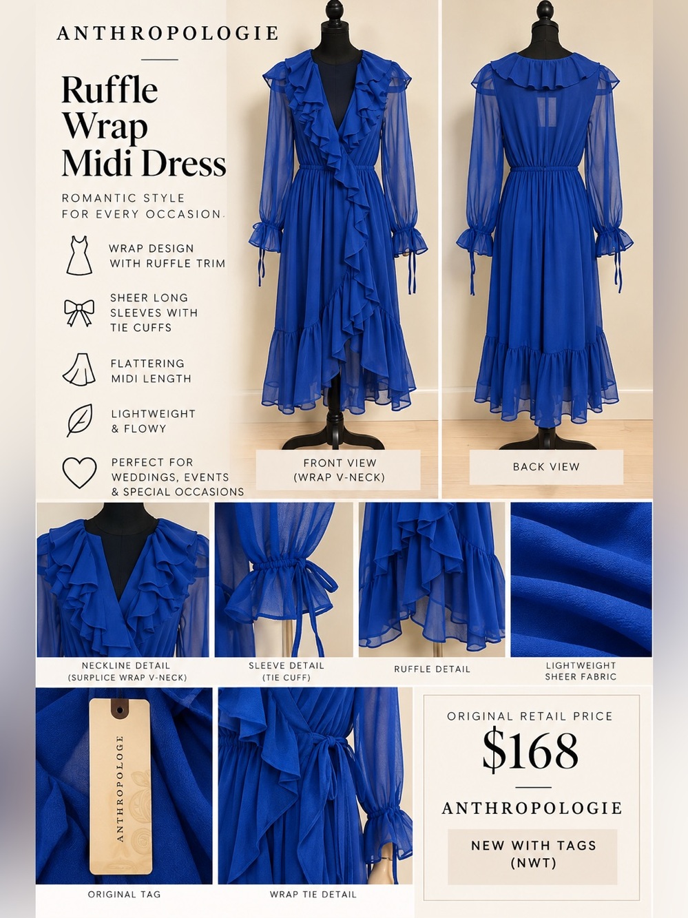 Anthropologie Blue Long-Sleeve Ruffled Asymmetric Midi Dress — NWT